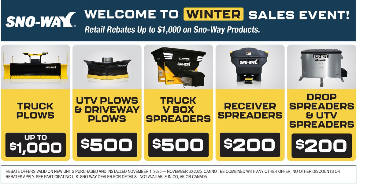 Score a deal on Sno-Way® plows and spreaders during their Welcome to Winter Sales Event throughout November.

There's still time! 

buff.ly/7CaD3mv