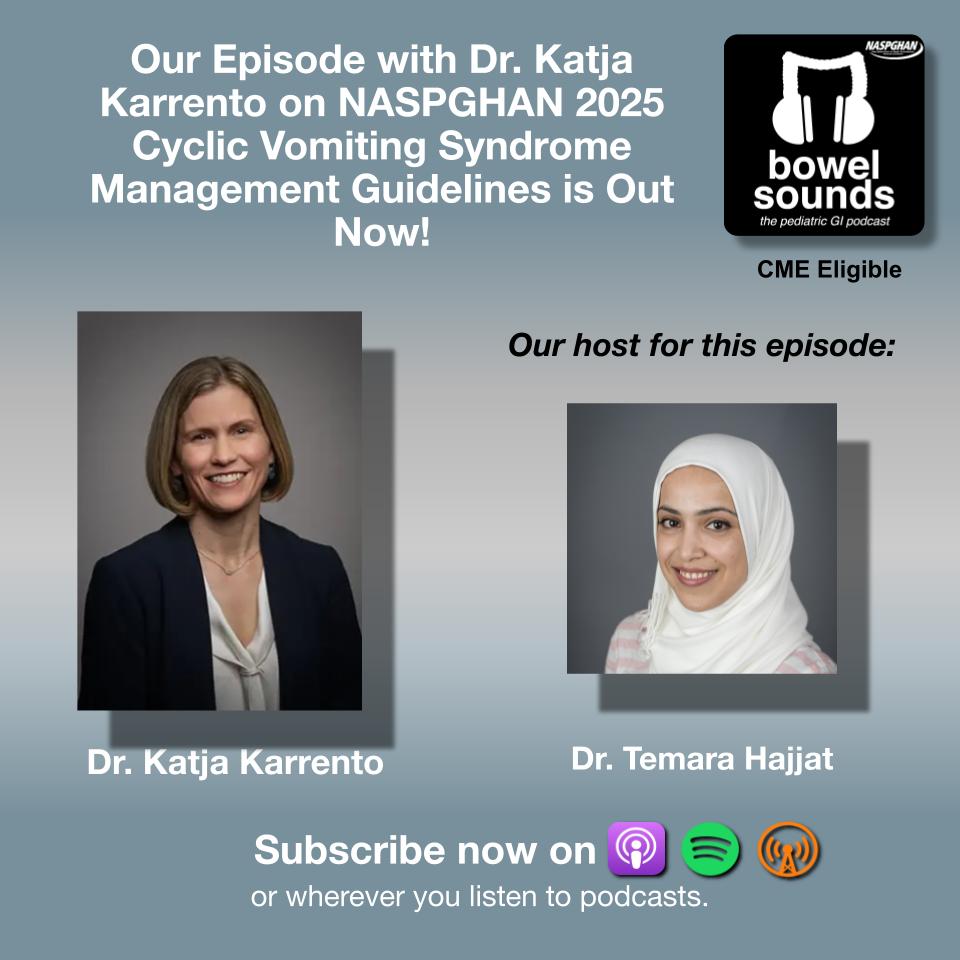 🎙️An Exciting Episode!!

Dr. Katja Karrento <a href="/KatjaKarrento/">Katja Karrento</a> discusses the new <a href="/NASPGHAN/">NASPGHAN</a>  #CyclicVomitingSyndrome management guidelines!

Listen here: buzzsprout.com/581062/episode…
<a href="/temarahajjat/">Temara Hajjat, MD</a> <a href="/PLLU/">Peter L. Lu, MD, MS</a> <a href="/JenniferLeeLee1/">Jennifer A. Lee, MD</a> <a href="/DrJSilverman/">Jason Silverman</a> #CVS