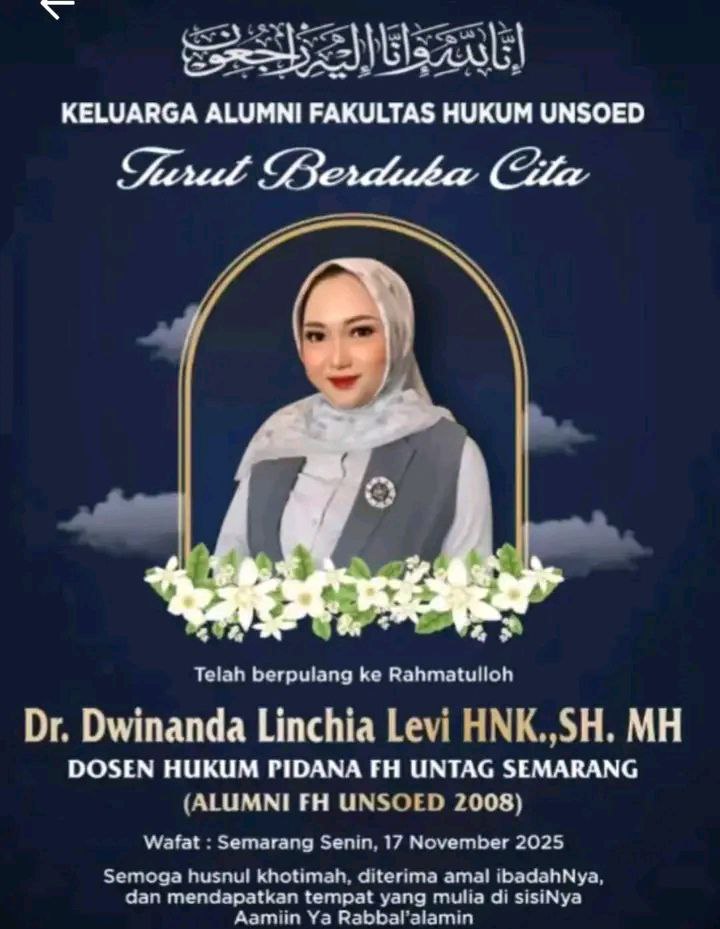 Diskusiberita's tweet photo. Dwinanda Linchia Levi (35), dosen Untag Semarang & akademisi berprestasi di bidang Hukum, ditemukan mening**l di hotel. Kasus kini ditangani pihak berwenang.
Cek artikel lengkapnya π https://t.co/jHPw04oV1K
#Semarang #Untag #DosenBerprestasi #UpdateBerita #DiskusiBerita https://t.co/MyfiVSnXBo