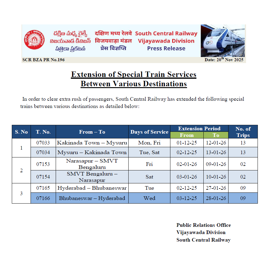 📢 To manage the festive rush, South Central Railway has extended special train services across key routes including Mysuru, Bengaluru, and Bhubaneswar. 🛤️ Plan your travel with ease—additional trips are scheduled from December 2025 to January 2026
<a href="/SCRailwayIndia/">South Central Railway</a> 
<a href="/RailMinIndia/">Ministry of Railways</a>