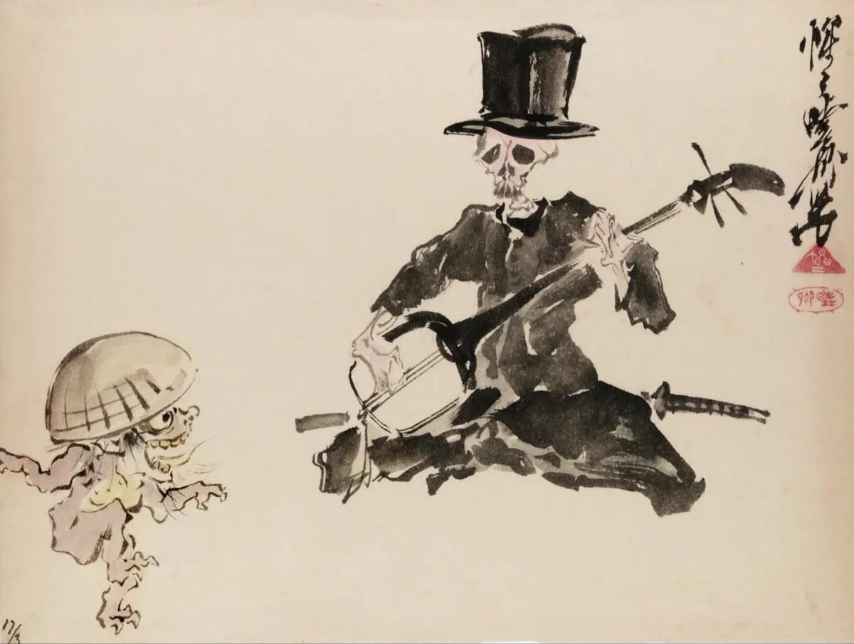 artstitle's tweet image. 河鍋 暁斎
（Kawanabe Kyosai、1831-1889）
『三味線を弾く洋装の骸骨と踊る妖怪』
（Skeleton Wearing a Top Hat Playing the Shamisen for a Small Dancing Yōkai）