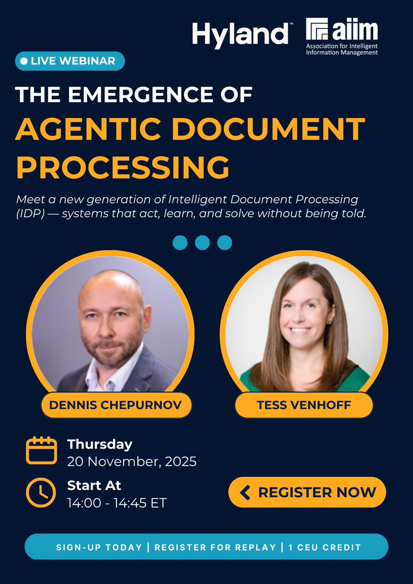 AIIMIntl's tweet image. Today at 2PM ET: Free 45-min webinar
Still using RPA for docs? See how Agentic IDP (powered by LLMs) can adapt, learn, and act — no rules required.

🎓 1 CIP credit
🚀 Live demo from @Hyland
📍 Register: hubs.la/Q03VbnZP0