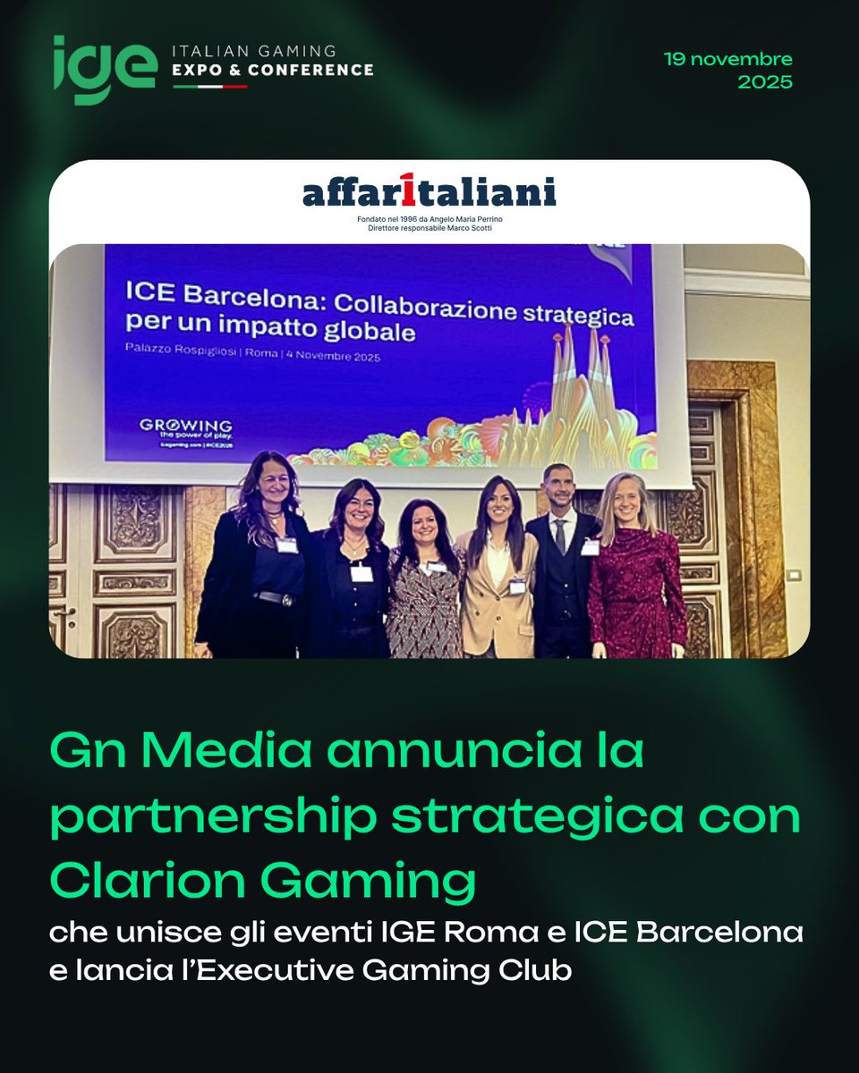 IGE sigla una partnership con <a href="/Clarion_Gaming/">Clarion Gaming</a> , creando un ponte tra mercato italiano e globale. Lanciati anche l’Executive Gaming Club e le iniziative editoriali IGE Magazine e ItalianGamingNews.it. Per approfondire: affaritaliani.it/distretto-ital…