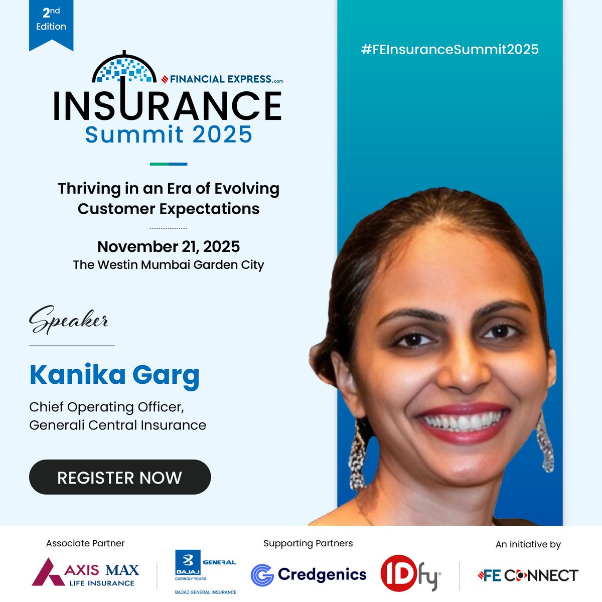 We are elated to have Kanika G., COO, Generali Central Insurance, for the 2nd Edition of the FE Insurance Summit 2025.

November 21, 2025 | The Westin Mumbai Garden City
Register now: shorturl.at/ShC5w

<a href="/AxisMaxLifeIns/">Axis Max Life Insurance</a> | @Credgenics | <a href="/bajajgeneral/">Bajaj General Insurance</a>  Insurance | IDfy