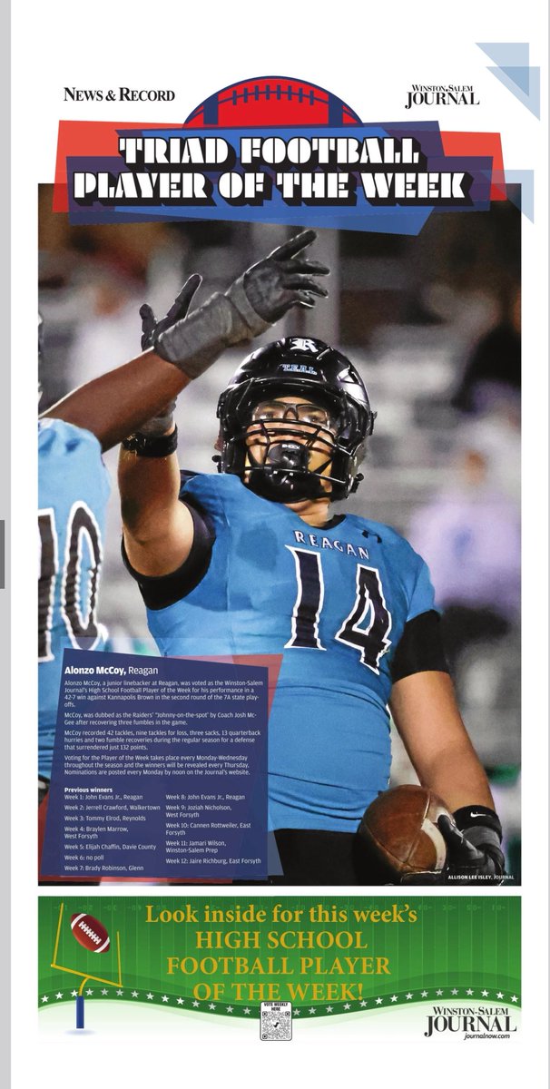 Marc_Pruitt's tweet image. Congrats to @RaidersFB junior LB @ZoMcCoy2027 for being voted as @JournalNow Player of the Week for games played Nov. 14. McCoy had three fumble recoveries in a dominant 42-7 win against Kannapolis Brown in 2nd round of 7A playoffs. @coachjtmcgee 
@RRHSAthletics @wsfcsathletics