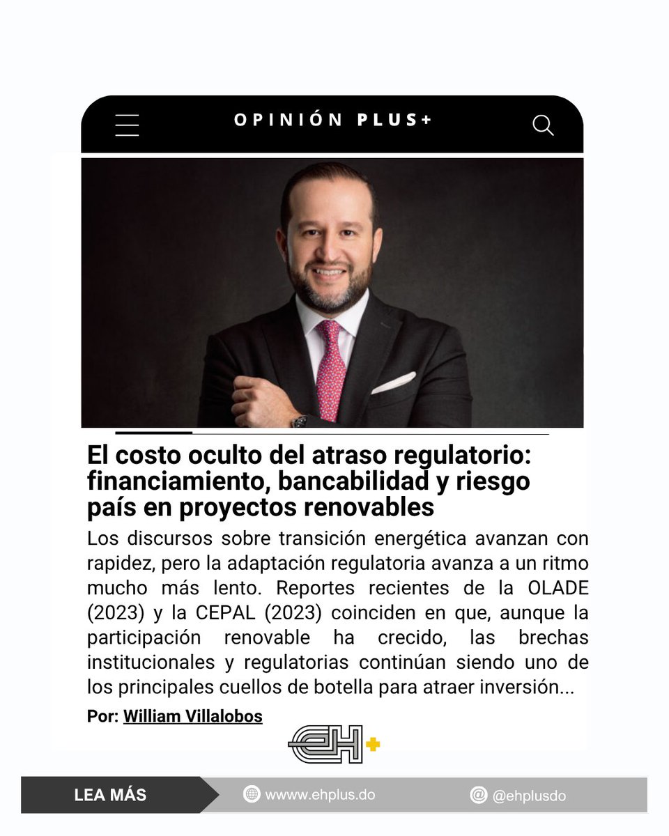ehplusdo's tweet photo. Artículo de opinión de William Villalobos: "El costo oculto del atraso regulatorio: financiamiento, bancabilidad y riesgo país en proyectos renovables".

Leer completo: https://t.co/UccVqW64zy

#EHPlus https://t.co/HyXSzzMEp2