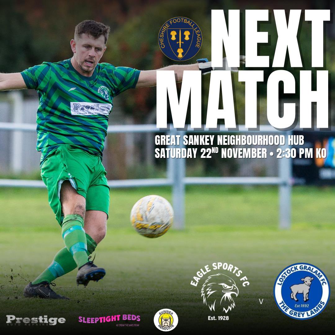 ⚽️ 𝗡𝗘𝗫𝗧 𝗨𝗣 ⚽️

🆚 <a href="/LostockGralamFC/">Lostock Gralam FC</a> 

📆 Saturday 22nd November
🏟Great Sankey Neighbourhood Hub
⏰2:30PM Kick Off
🏆 <a href="/CheshireFL/">Cheshire Football League ⚽️</a> Premier Division

#UpTheGulls 🦅