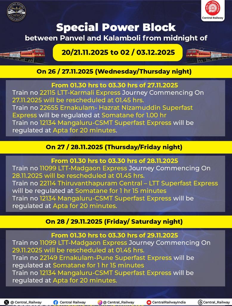 Central_Railway's tweet image. 🚧 Attention Passengers! 🚨

A Special Power Block will be in place between Panvel and Kalamboli from 20/21.11.2025 to 02/03.12.2025 (midnight onwards).

Passengers are advised to plan their journey accordingly. 🙏

#CentralRailway #RailwaysUpdate #PowerBlock #PassengerInfo