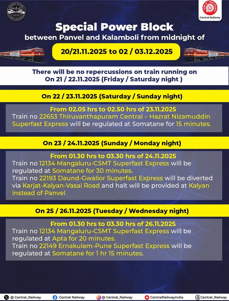 Central_Railway's tweet image. 🚧 Attention Passengers! 🚨

A Special Power Block will be in place between Panvel and Kalamboli from 20/21.11.2025 to 02/03.12.2025 (midnight onwards).

Passengers are advised to plan their journey accordingly. 🙏

#CentralRailway #RailwaysUpdate #PowerBlock #PassengerInfo