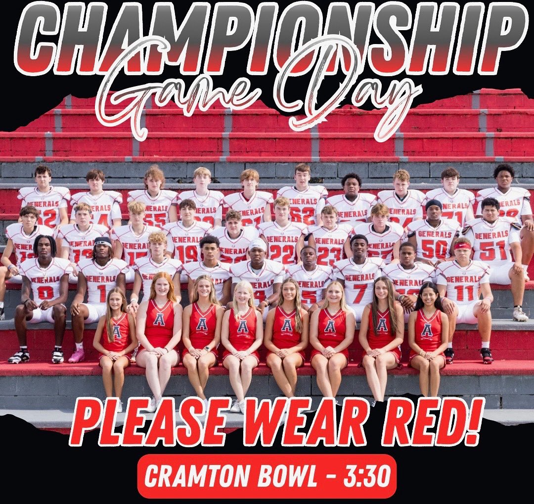 ACAGeneralsAth's tweet image. 🔥 STATE CHAMPIONSHIP GAMEDAY! 
The Generals are ready to take down the one thing standing in our way — South Choctaw!! One team. One mission. One final finish. Let’s leave it all on the field and bring that trophy home! 🏆🏈

 #G26 #ODB #ControlTheTraffic #LeadTheCharge 🔴⚪️⚔️