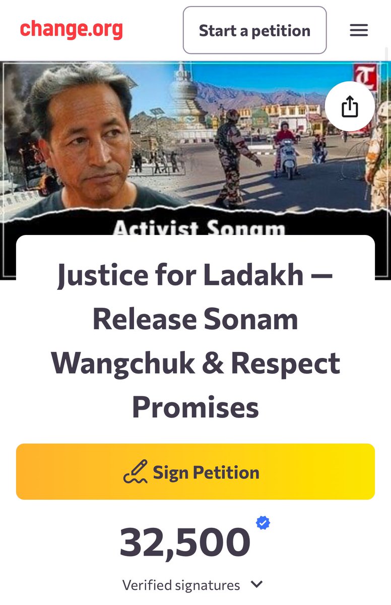Did you sign ?
32500 people done ☑️ it .
✊ Take a moment to sign this petition calling for the release of Sonam Wangchuk.  Your support can make a real difference. 
c.org/mGW4hQCsCS