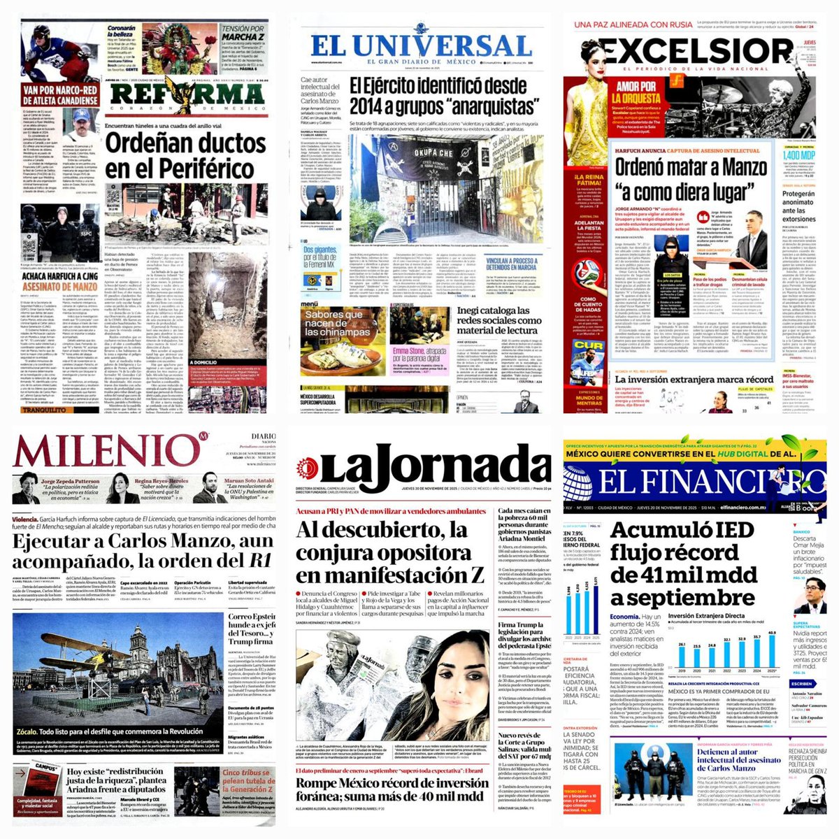 daniellemx_'s tweet image. Prensa en México ... #Reforma #ElUniversal #Excélsior #Milenio  #LaJornada #ElFinanciero #20noviembre2025