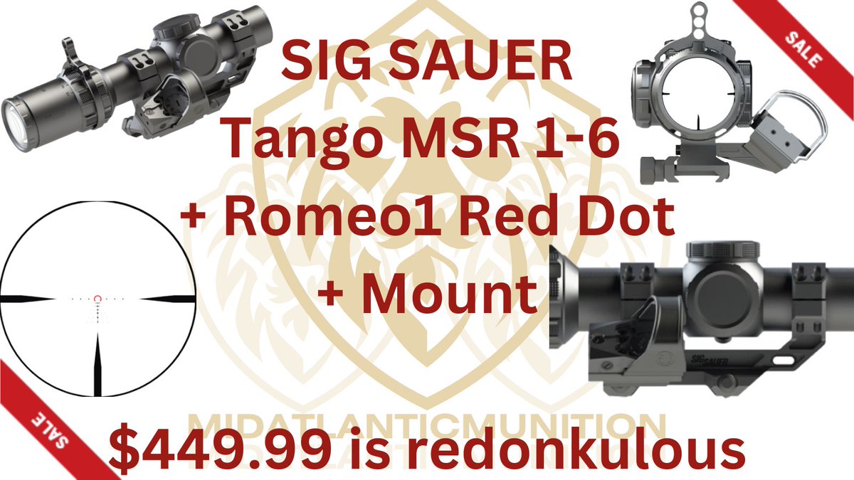 MidAtlMunition's tweet image. Bro… Sig Sauer TANGO MSR Compact 1-6X Magnification, Second Focal Plane, Illuminated BDC 6 Reticle, Includes Mount and Romeo1 Red Dot… we’ll do $450 sheckels good? Deal. Done.

midatlanticmunition.com/product/tango-…