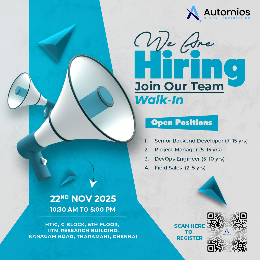 automios's tweet image. Automios Walk‑In Drive!  
Chennai | 22 Nov, 10:30–5:00 pm
Roles: Backend Dev, PM, DevOps, Field Sales 
Skip the queue 👉lnkd.in/g3gd2_qr

#Automios #WeAreHiring #WalkInDrive #TechJobs #ChennaiJobs