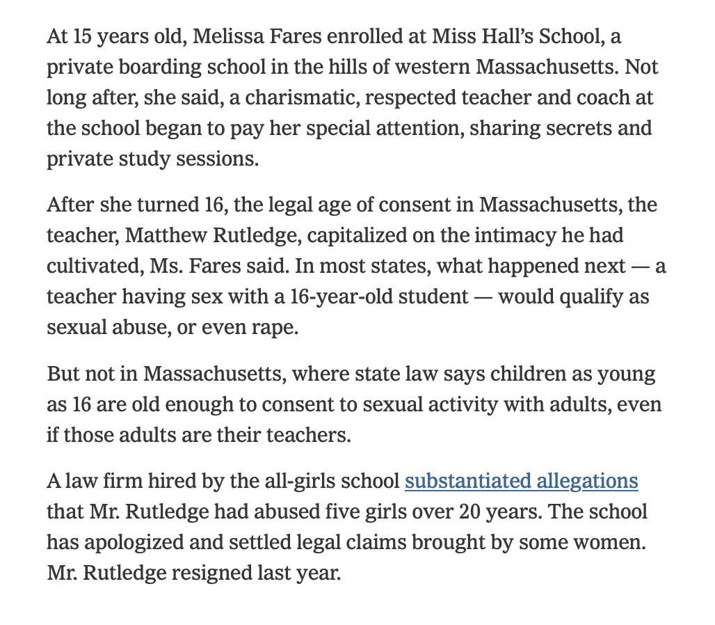 RichardHanania's tweet image. The NYT is now complaining that some states have age of consent laws under 18.

When all states raise it to 18, people will complain about relationships with &quot;children&quot; under 20. We&apos;re already told that Epstein &quot;victims&quot; were trafficked into their 20s. Where does it stop?

This…