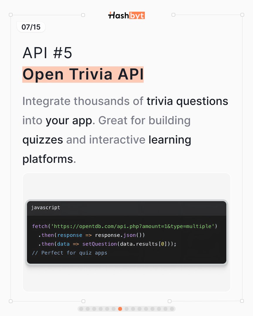 5/13: Open Trivia API
Integrate thousands of trivia questions into your app. Perfect for building the next great quiz or educational platform.
#OpenSource #Trivia