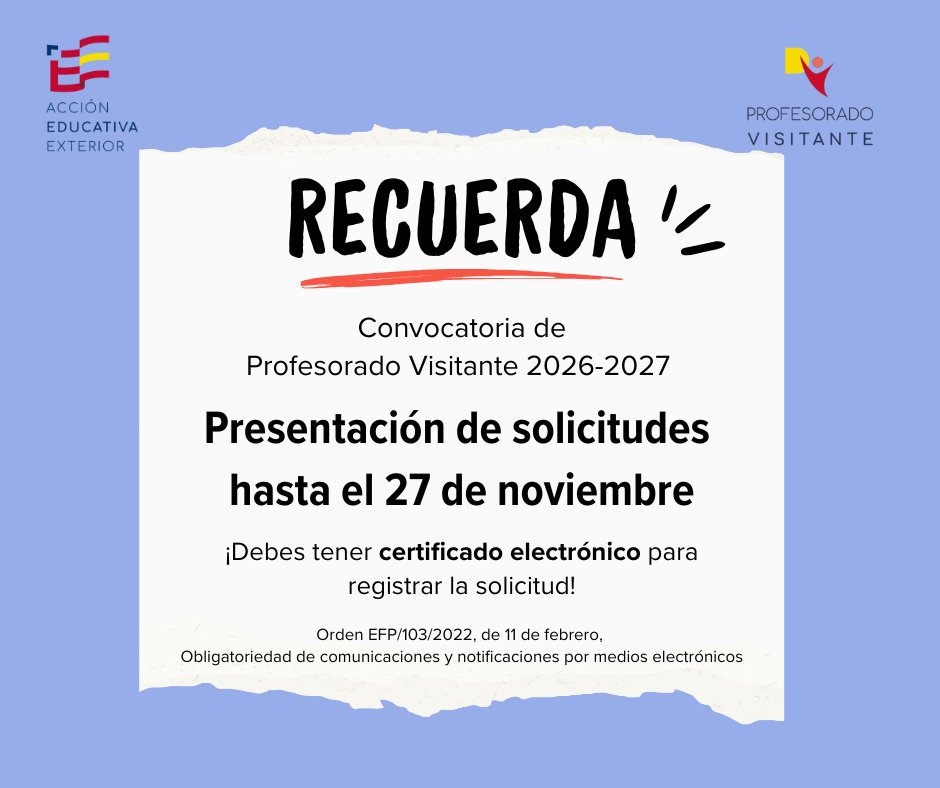 📌Convocatoria Profesorado Visitante en Estados Unidos, Canadá, China y Alemania 
📌¿Te ves enseñando en otro país, compartiendo tu talento y viviendo una experiencia transformadora?
📅 Solicitudes hasta 27 de noviembre.
🔗 aee.educacionfpydeportes.gob.es/actualidad/cen…
#AccionEducativaExterior