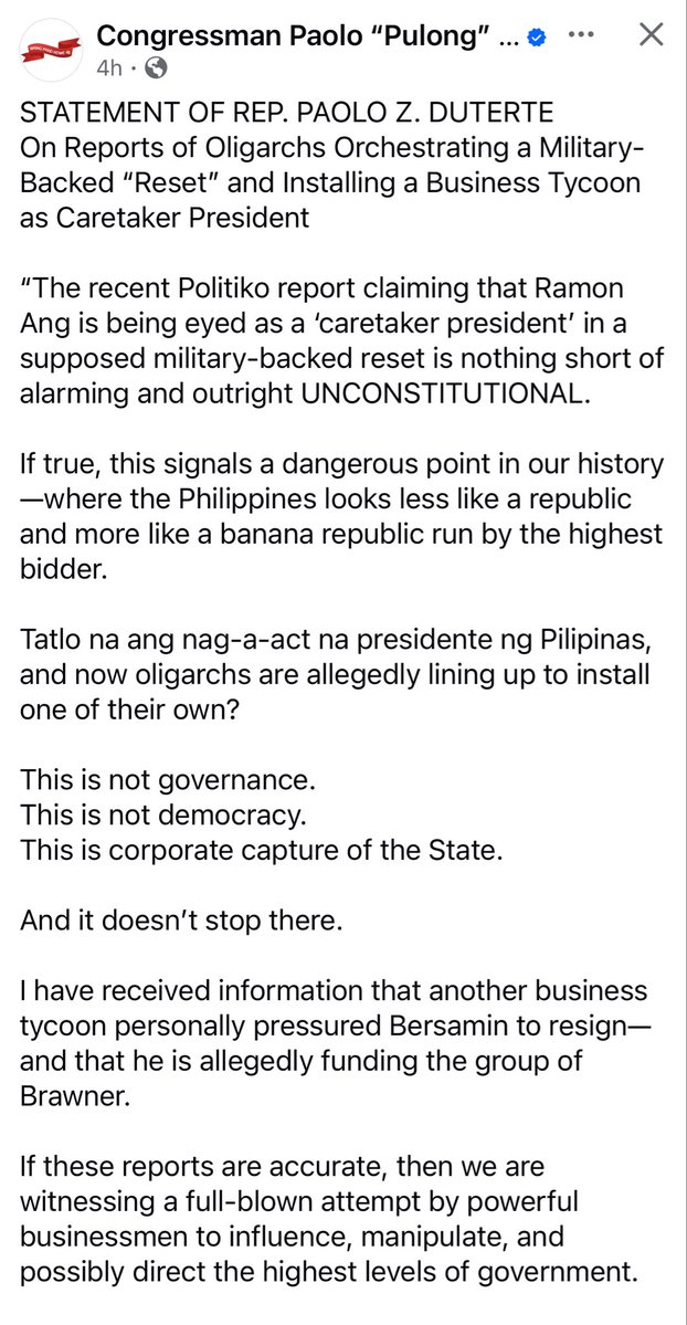 TishaCM's tweet image. Let’s read, folks.  👇 

****************************************
STATEMENT OF REP. PAOLO Z. DUTERTE
On Reports of Oligarchs Orchestrating a Military-Backed “Reset” and Installing a Business Tycoon as Caretaker President

“The recent Politiko report claiming that Ramon Ang is…