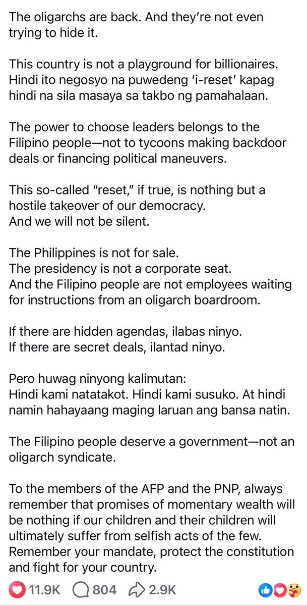 Let’s read, folks.  👇 

****************************************
STATEMENT OF REP. PAOLO Z. DUTERTE
On Reports of Oligarchs Orchestrating a Military-Backed “Reset” and Installing a Business Tycoon as Caretaker President

“The recent Politiko report claiming that Ramon Ang is