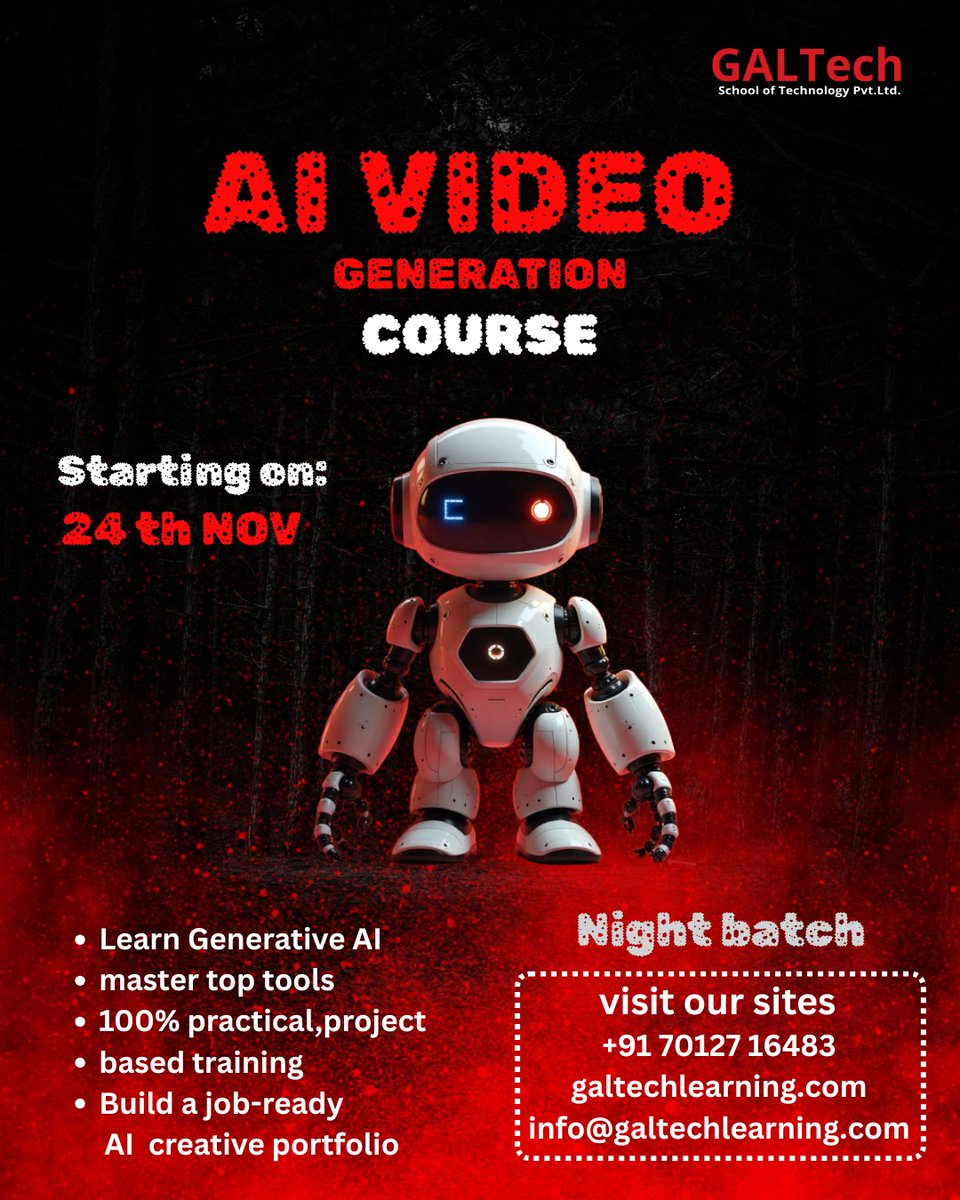 galtech_school's tweet image. AI Video Generation Night Batch is here!
Learn the future of filmmaking with top AI tools 👇
Seats limited — Join now
Enrol now: 70127 16483
.
.
.
.
#ai #aimalayalam #aicourse #aimallu
#AIVideoGeneration #GALTechschool