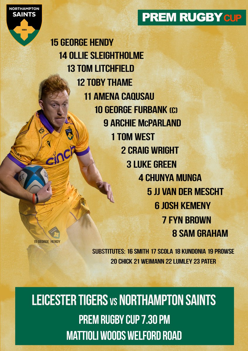 It's an East Midlands Derby in the PREM Rugby Cup and there are a few familiar faces back for <a href="/SaintsRugby/">Northampton Saints 😇</a> - George Furbank plays at fly-half and captains the side😇

northamptonsaints.co.uk/news/dowson-ri…