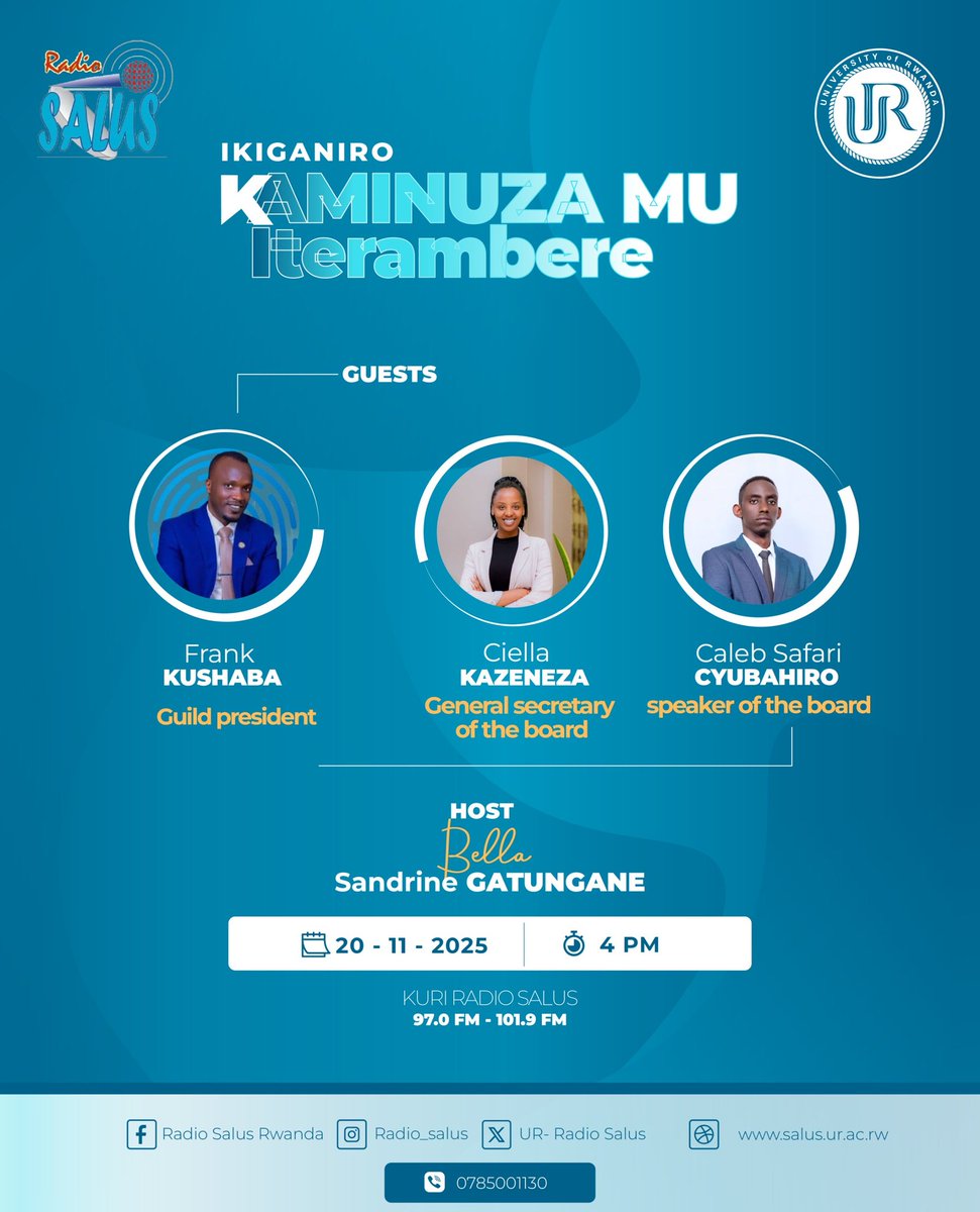 RADIOSALUS1's tweet image. Mu kiganiro #Kaminuza mu Iterambere turagaruka ku nshingano z&apos; abayobozi b&apos;abanyeshuri bo muri Kaminuza y&apos;u Rwanda.
Guhera 16:00 turaganira na bamwe mu baherutse gutorwa.
@Uni_Rwanda 
@UR_Huye
