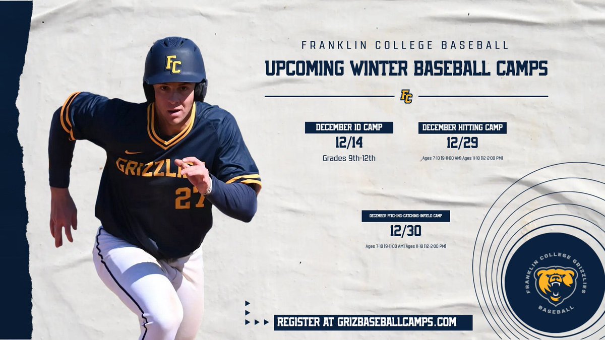 FCGrizBaseball's tweet image. Franklin College Baseball December camps open for registration! ID camp December 14 &amp;amp; Holiday camps December 29 &amp;amp; 30!  Visit grizbaseballcamps.com to register!  #TEAMGRIZ @FCGrizAthletics @FranklinCollege
