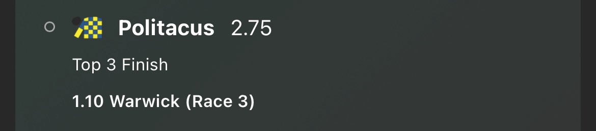 ignitetherush's tweet image. 1.10 Warwick

Top 3 Finish
Politacus 

Odds: 2.75
