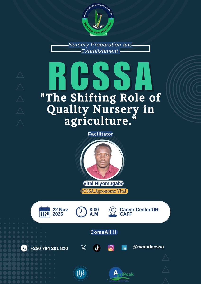 RwandaCSSA's tweet image. As Food consumption is nonstop, agriculture is subsequently continuous.

It requires Healthy  seedlings from adequate nursery establishment! This Saturday at @UR_CAVM, we would be having Class shouts about Nursery Preparation and Establishment.
#WeForChange #YouthInAg