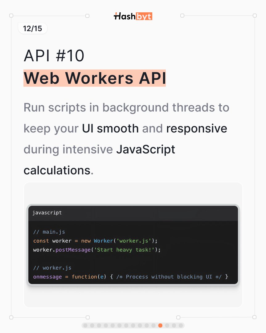 hashbyt's tweet image. 10/13: Web Workers API
Run scripts in background threads. Keep your UI buttery smooth, even during heavy JavaScript calculations.
No more freezing!
#Performance #WebPerformance