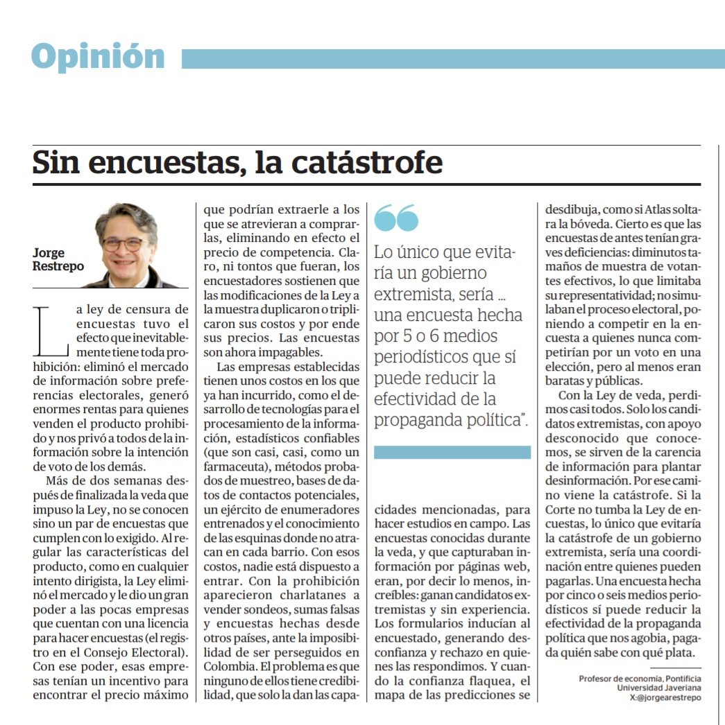 <a href="/danielpacheco/">Daniel Pacheco</a> Al regular las características del producto, como en cualquier intento dirigista, la Ley eliminó el mercado y le dio un gran poder a las pocas empresas que cuentan con una licencia para hacer encuestas (el registro en el Consejo Electoral).