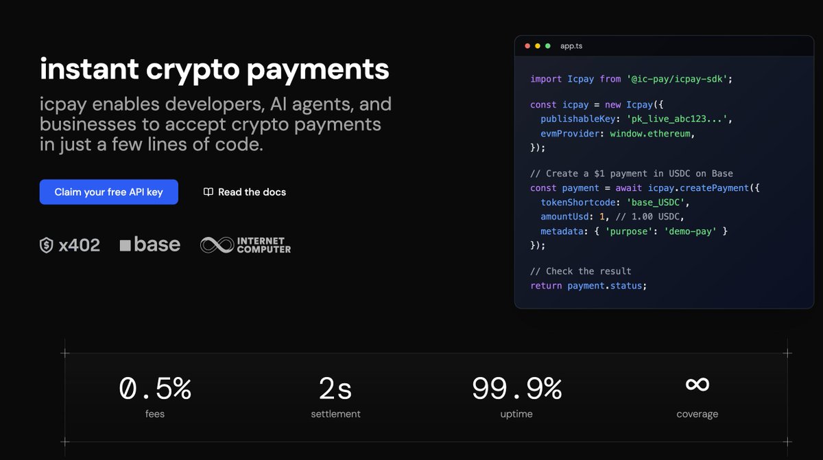 ＜クリプト決済を実装したい👨‍💻へ＞

ICPayでマルチチェーン決済を簡単に実装できます。

☑️ICP
☑️x402
☑️Base

&gt; 以下、ウォレットも追加 -
<a href="/MetaMask/">MetaMask.eth 🦊</a>
<a href="/coinbase/">Coinbase 🛡️</a>
<a href="/phantom/">Phantom</a>
<a href="/wallet/">OKX Wallet</a>
<a href="/brave/">Brave</a>
<a href="/Rabby_io/">Rabby Wallet</a>