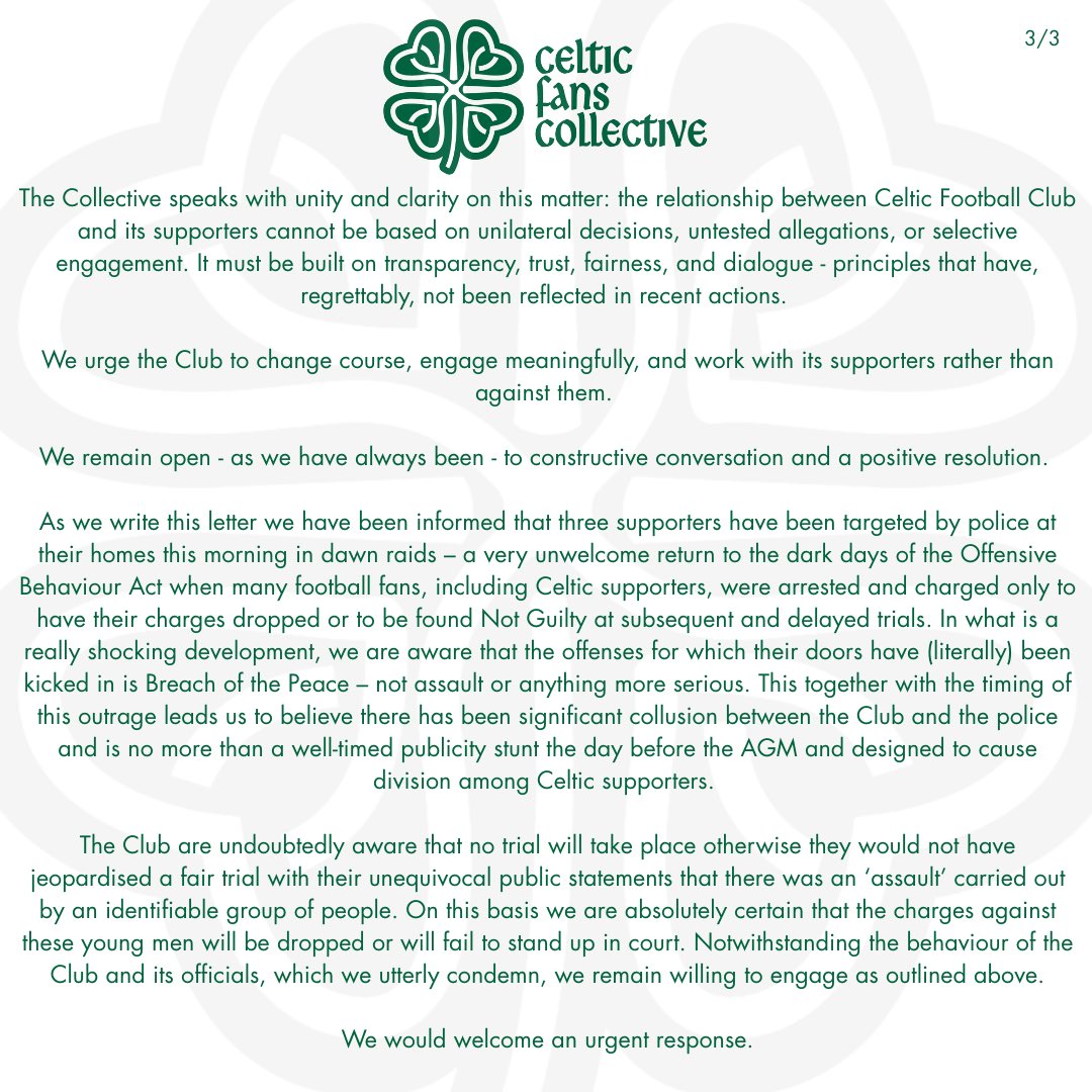 Celtic Fans Collective has written an urgent letter to Celtic FC expressing deep concern over the treatment of supporters.