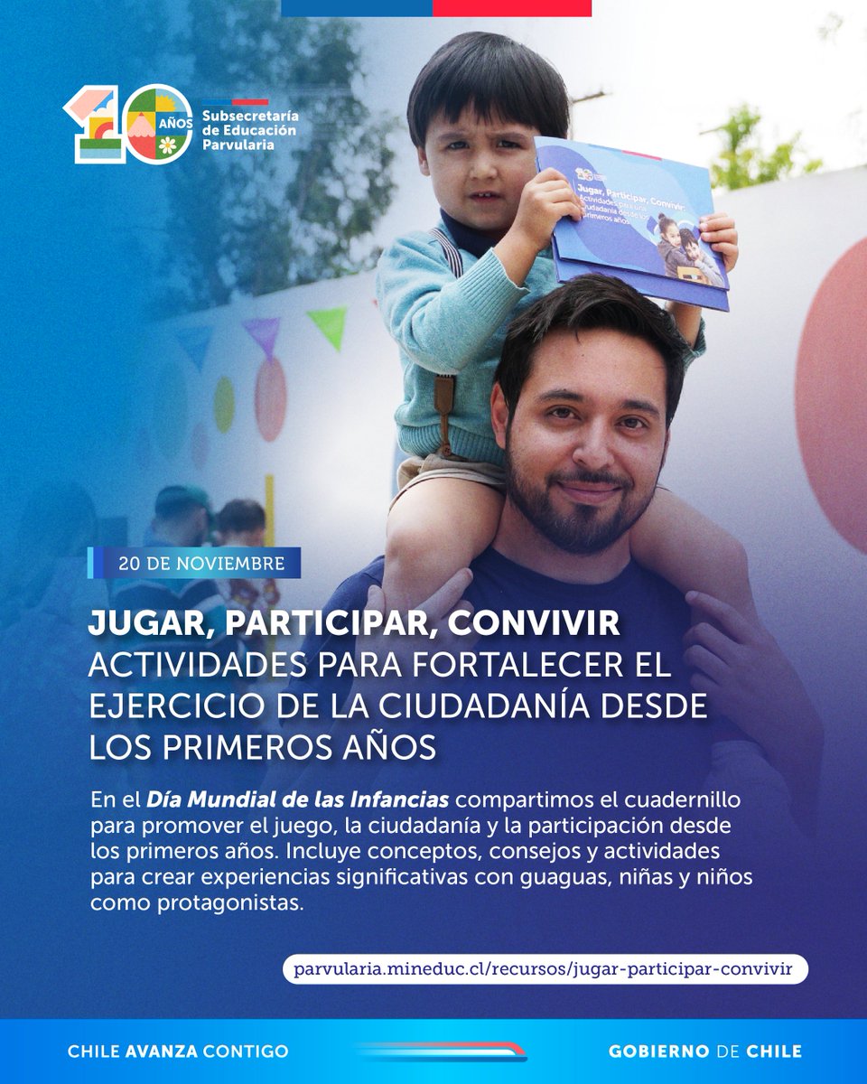 SubEducParv's tweet image. ✨👶🏽👧🏻👦🏻 En el DíaMundial de las Infancias compartimos el cuadernillo Jugar, Participar, Convivir, creado para fortalecer el derecho al juego, la participación y la agencia desde los primeros años.
📥 Descárgalo aquí: parvularia.mineduc.cl/recursos/jugar…