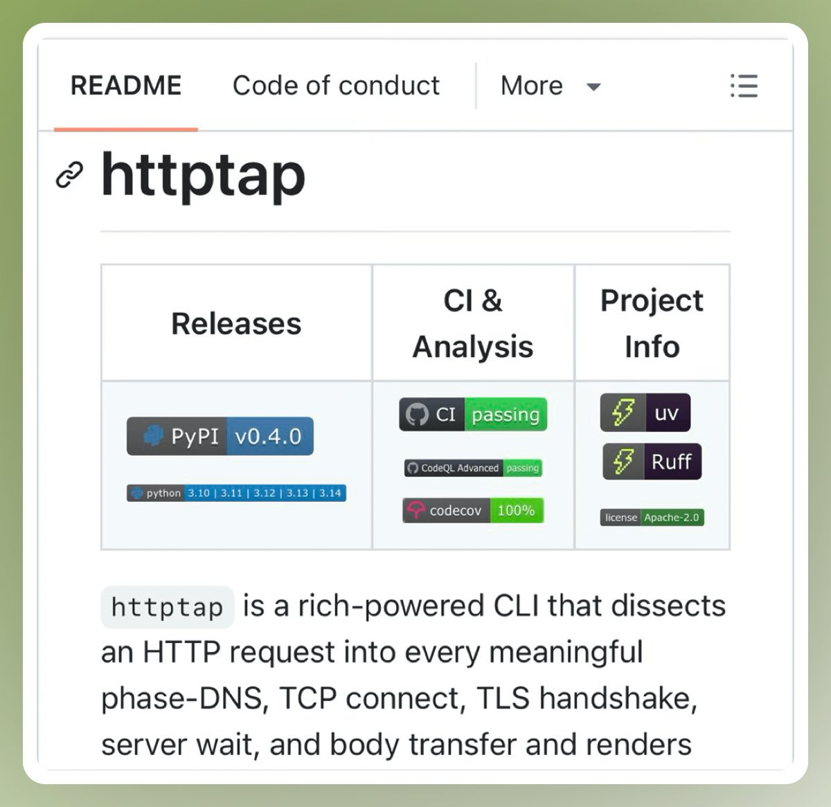 Una interfaz de línea de comandos (CLI) que desglosa las solicitudes HTTP en fases de DNS, conexión, TLS, espera y trans