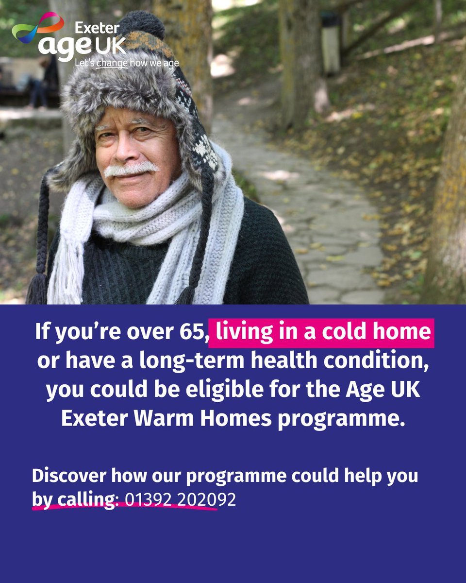 AgeUKexeter's tweet image. If you’re over 65, living in a cold home or have a long-term health condition, you could be eligible for the Age UK Exeter Warm Homes programme. Discover how our programme could help you by calling: 01392 202092 #ageukexeter #exetercommunity #inexeter #exeterliving #exeterdevon