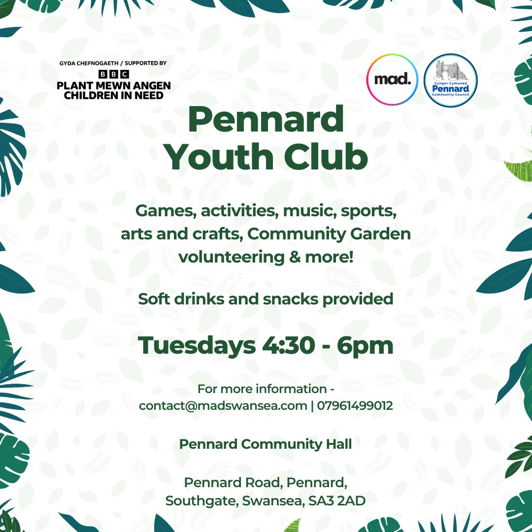 Pennard Youth Club!

Tuesdays 4:30 - 6pm at Pennard Community Hall

Lots of fun activities, games, sport, arts &amp; crafts, free snacks &amp; a chance to get involved with the Pennard Community Garden 🌿

@pennardcc
<a href="/BBCCiN/">BBC Children in Need</a>