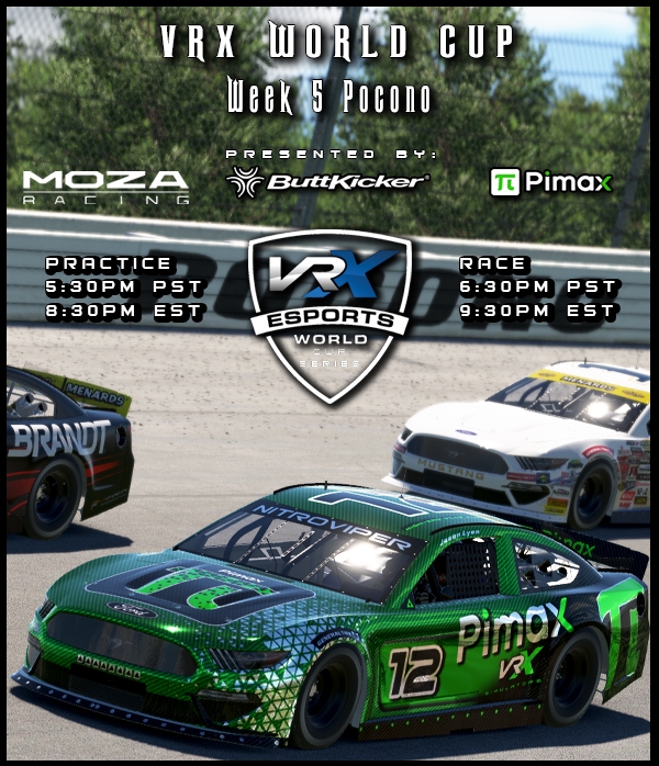 Pimax - VRX World Cup Week 5 Thursday Nov 20th, be sure to watch live at 6:30PM PST - 9:30EST on youtube.com/@VSPEED
 
With Moza, Buttkicker &amp; iRacing