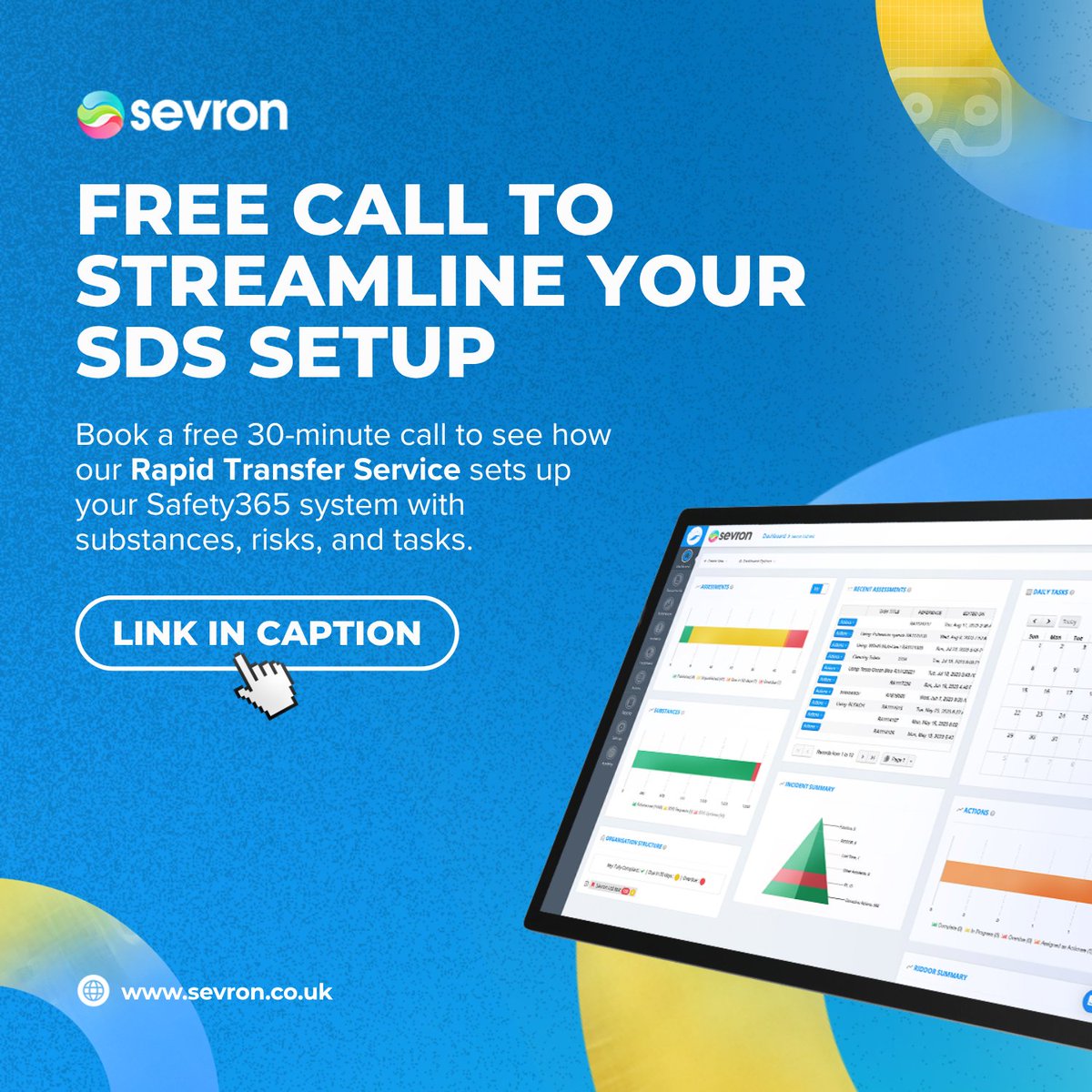 SevronLtd's tweet image. Get your free call and see how our Rapid Transfer Service sets up Safety365™ for your team.

✔ Add substances to your inventory
✔ Create and populate COSHH and Task Assessments

Book the free call now: go.sevron.co.uk/4kgdbsD

#COSHH #Safety365 #WorkplaceSafety #EHS