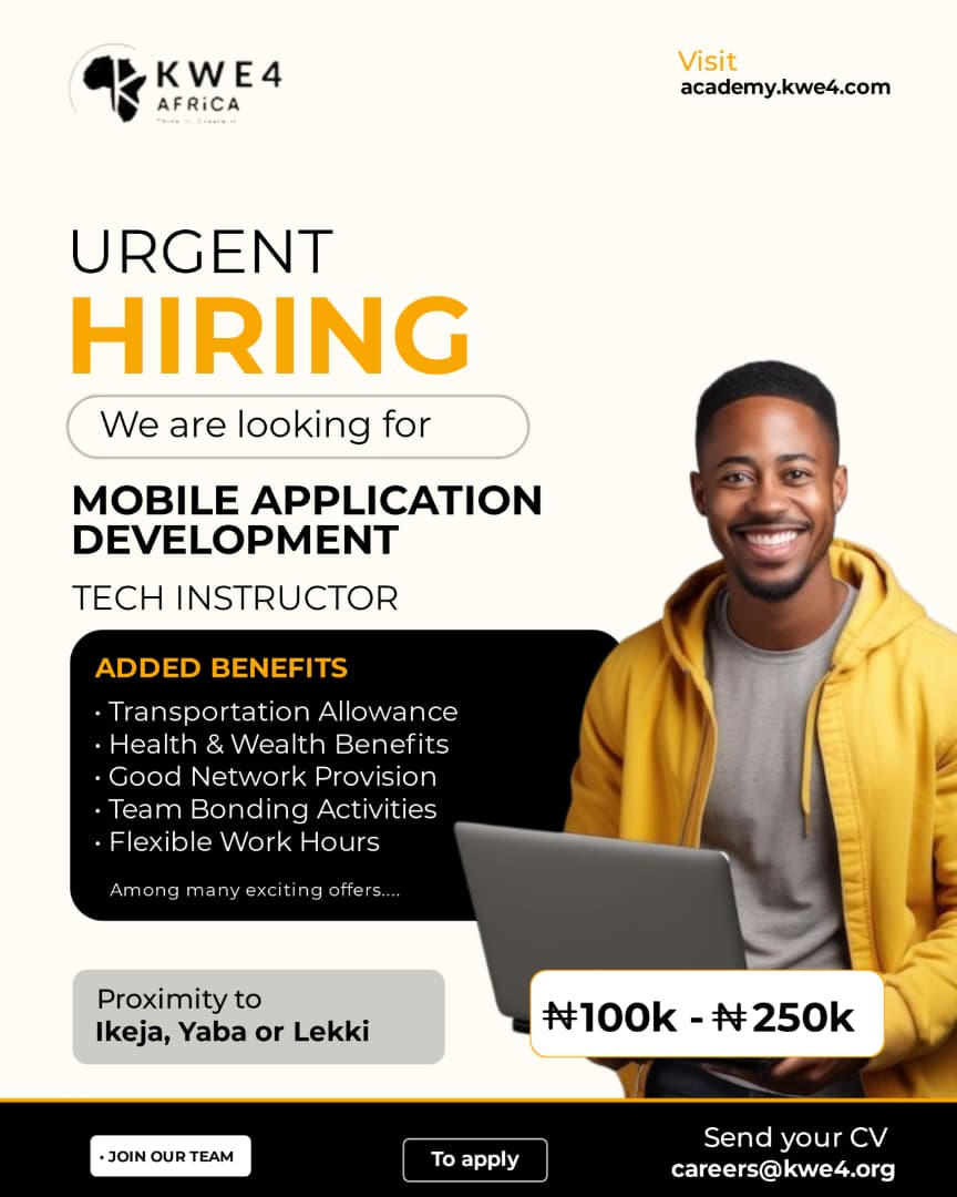 JobBusStop's tweet image. Hiring: Mobile Application Development Tech Instructor

Salary: N100,000 - N250,000
Location: Lagos

See Flyer for More Details.
Send Application to careers@kwe4.org
