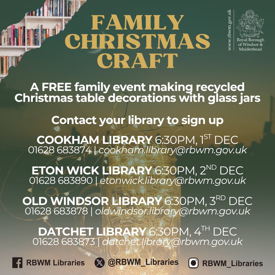 Give Your Glass Jars a Second Chance. Join us for a fun-filled family event where we'll turn your empty glass jars into glittering, one-of-a-kind centrepieces.
 
Contact your library to sign up for FREE!
 
#RBWMLibraries #RBWM #Cookham #EtonWick #Datchet #OldWindsor