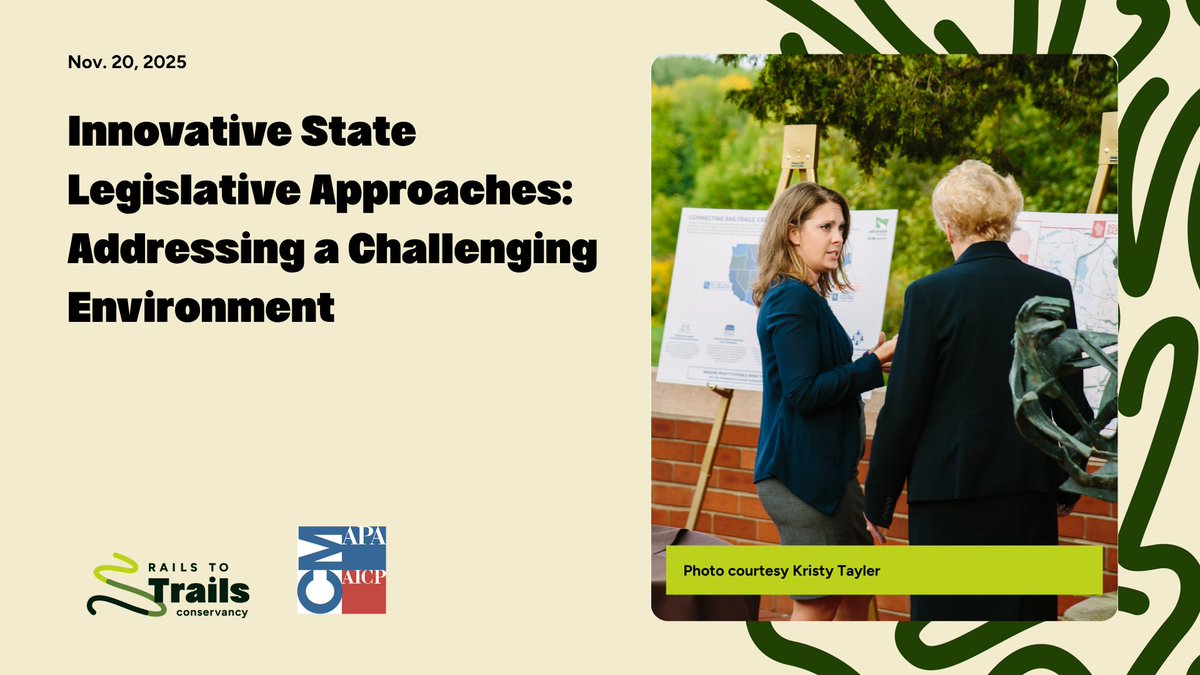 railstotrails's tweet image. Today, 11/20: Tune in for our free webinar to learn best practices for building a state legislative agenda focused on achieving policy wins and funding for active transportation. 

Register to join us at 2 p.m. ET: railstotrails.org/webinars/#upco…

AICP credit available