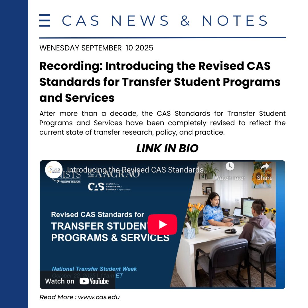 🎥 𝗠𝗶𝘀𝘀𝗲𝗱 𝘁𝗵𝗲 𝗡𝗮𝘁𝗶𝗼𝗻𝗮𝗹 𝗧𝗿𝗮𝗻𝘀𝗳𝗲𝗿 𝗦𝘁𝘂𝗱𝗲𝗻𝘁 𝗪𝗲𝗲𝗸 𝘄𝗲𝗯𝗶𝗻𝗮𝗿?
Watch the recording of the newly revised CAS Standards for Transfer Student Programs &amp; Services—developed with @𝗡𝗜𝗦𝗧𝗦𝗼𝗿𝗴 &amp; @𝗔𝗔𝗖𝗥𝗔𝗢.
👉 ow.ly/na9H50Xu04q