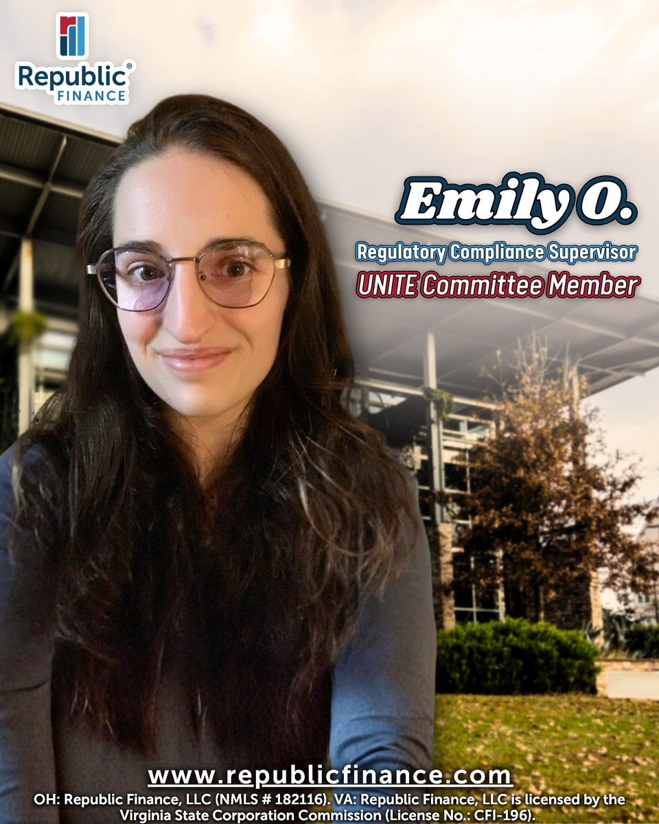 RepFinance's tweet image. Meet one of our UNITE Committee members, Emily Osprey!

Emily is the Regulatory Compliance Supervisor in the Legal &amp;amp; Compliance department, and she’s been with Republic Finance for 4 years.
