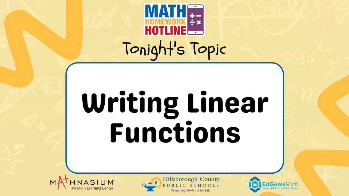 HillsboroughSch's tweet image. Tonight&apos;s topic for #MathHomeworkHotline is &quot;Writing Linear Functions.&quot;

Tutors will begin taking calls at 5:30 &amp;amp; the show starts at 6.

📞 813-840-7260
📺 Spectrum Ch. 635 / Frontier Ch. 32
💻 hillsboroughschools.org/mhh

Thank you to our sponsors, @EdGems_Math &amp;amp; @Mathnasium!