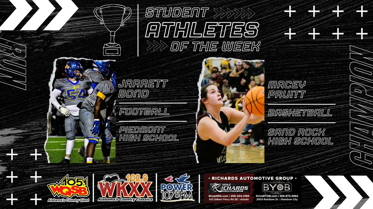 Congrats to this week’s WQSB Student-Athletes of the Week: Jarrett Bond (Piedmont) &amp; Macey Pruitt (Sand Rock)! They’ll receive our trophy &amp; a station t-shirt. Sponsored by Mike Richards Automotive and Bring Your Own Bids Retail. Nominate at WQSB.com!