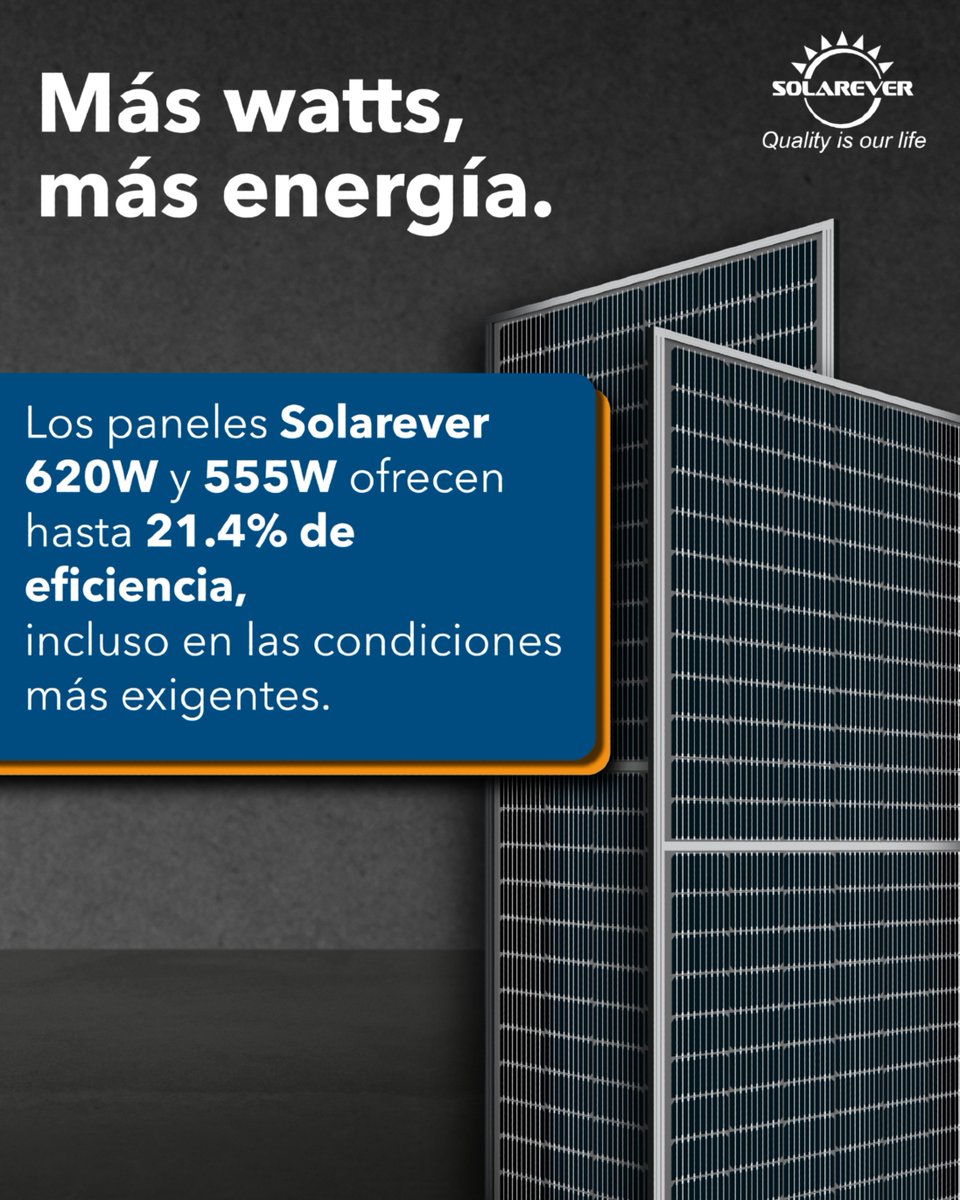 Cuando se trata de rendimiento, los paneles Solarever de 620W y 555W marcan la diferencia. ☀️

Con eficiencia de hasta 21.4%, tecnología Half-Cell y baja pérdida por sombreado, garantizan el máximo aprovechamiento solar en cada proyecto.