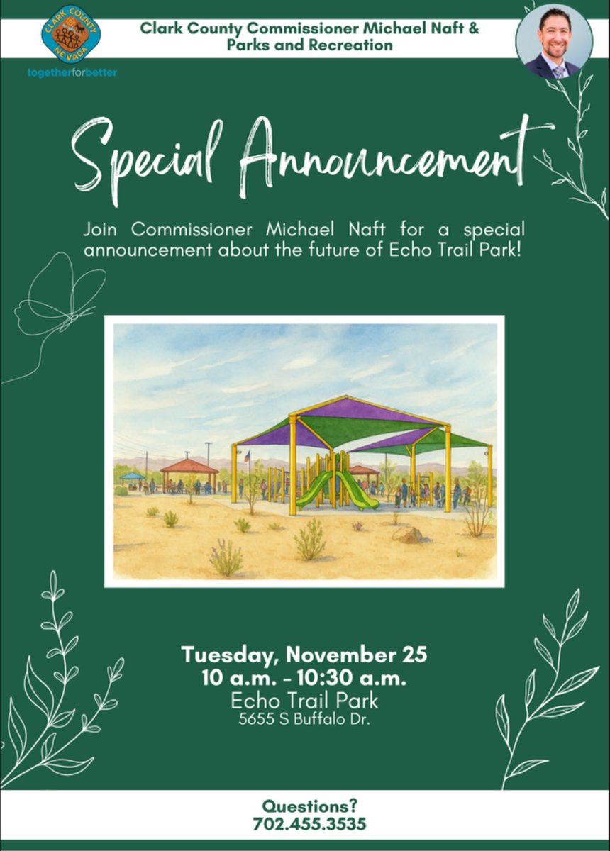 Join me for an exciting announcement at Echo Trail Park! 

🗓️ Tuesday, November 25 
⏰10 a.m. 
📍5655 S Buffalo Dr.