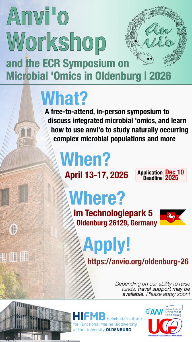 We have a date for the free-to-attend #anvio workshop and ECR Symposium for 2026 in Oldenburg, Germany.

Please find more information on the venue, program, and the application form here, or spread the word 😇

anvio.org/workshops/2026…