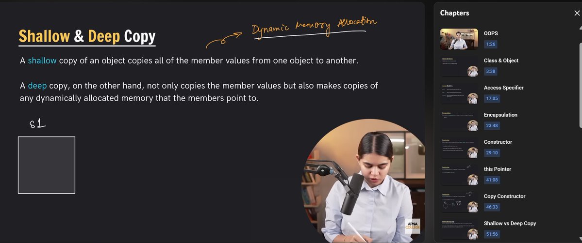 VBHALLA18's tweet image. Day 1/20 of 2hrs of code daily
learned about pointers and dereference operators, as well continued my oops lecture and learned about:
1. this pointer
2. copy constructor
3. Shallow vs deep copy
Looking forward towards setting and achieving goals tomorrow.
#Coding #cpp #dsa #Trend